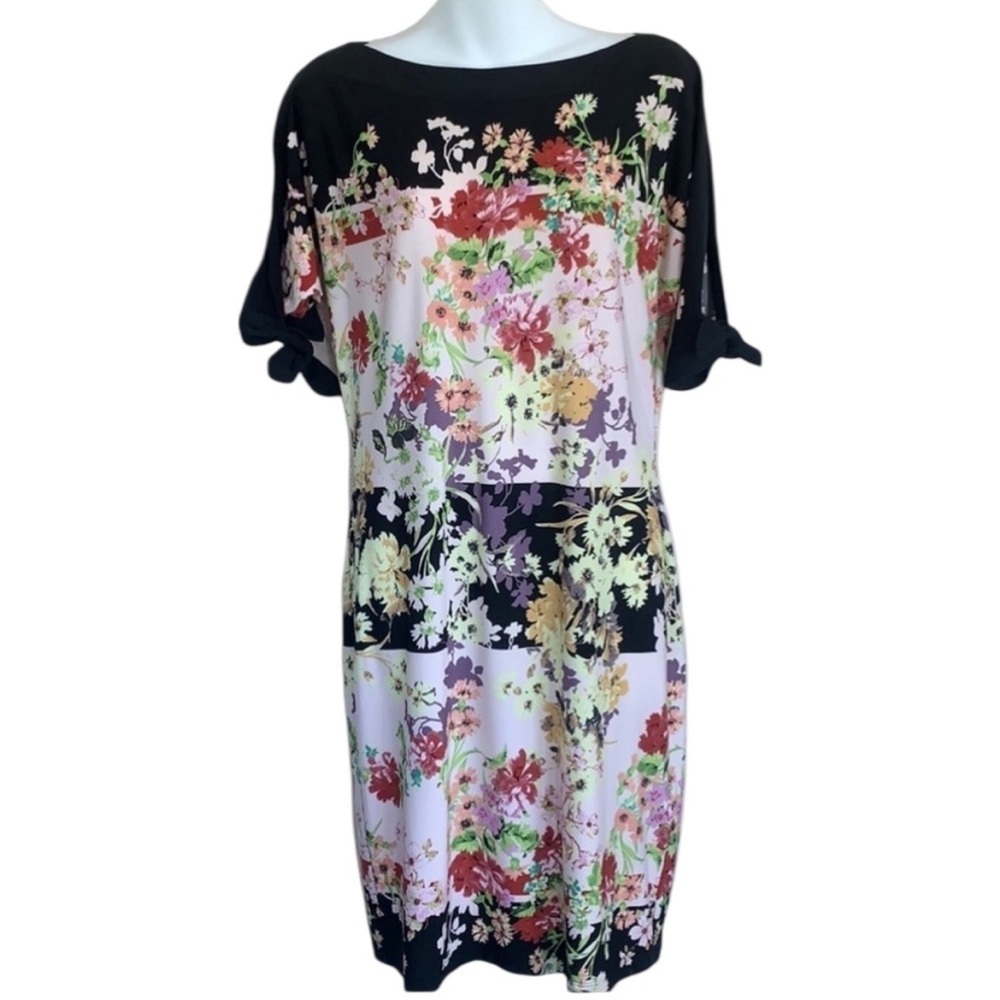 Julian Taylor NY dress women's 8, pink on black floral, short sleeve. EUC